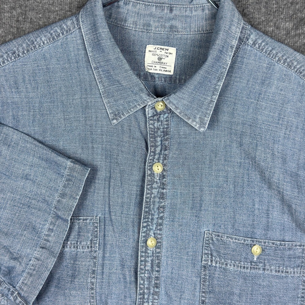 J Crew Chambray Shirt Mens XL Blue Short Sleeve Button 100% Cotton